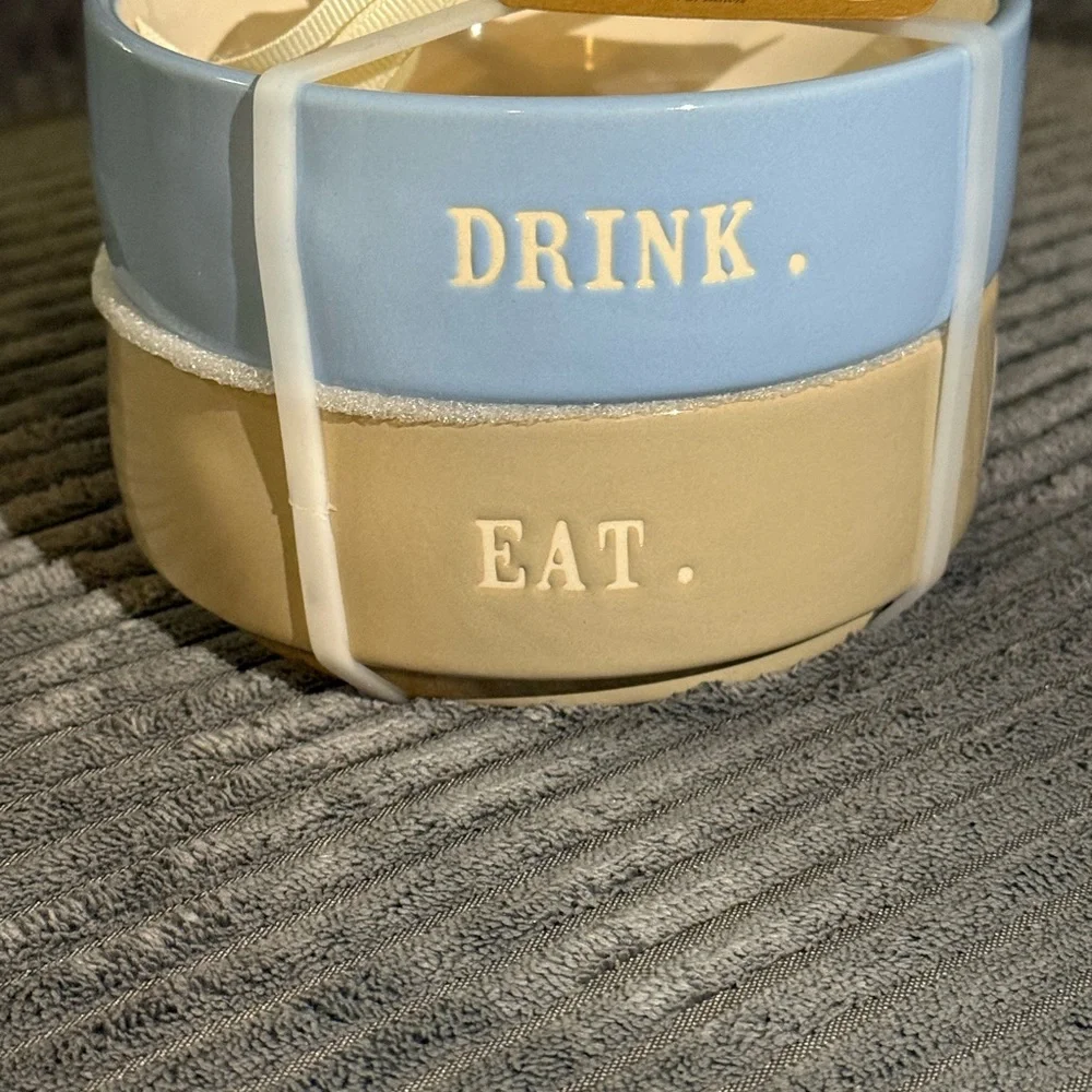 Rae Dunn Blue & Tan Pet DRINK / EAT Ceramic Bowls - Set of 2- NWT